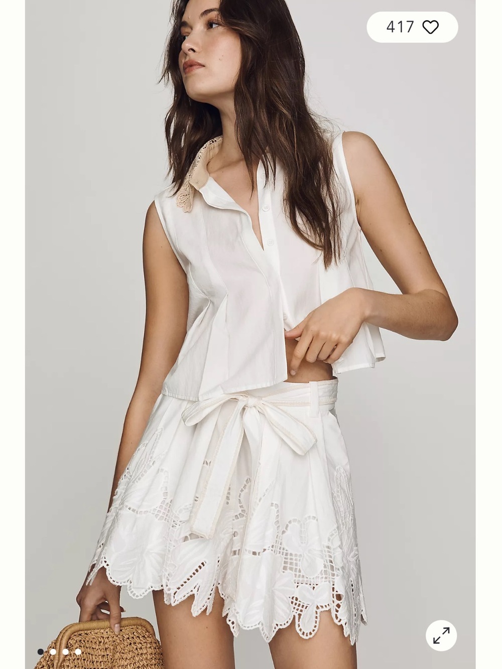 en saison anna off white cream embroidered pleated top + tie belt shorts small - Picture 10 of 10